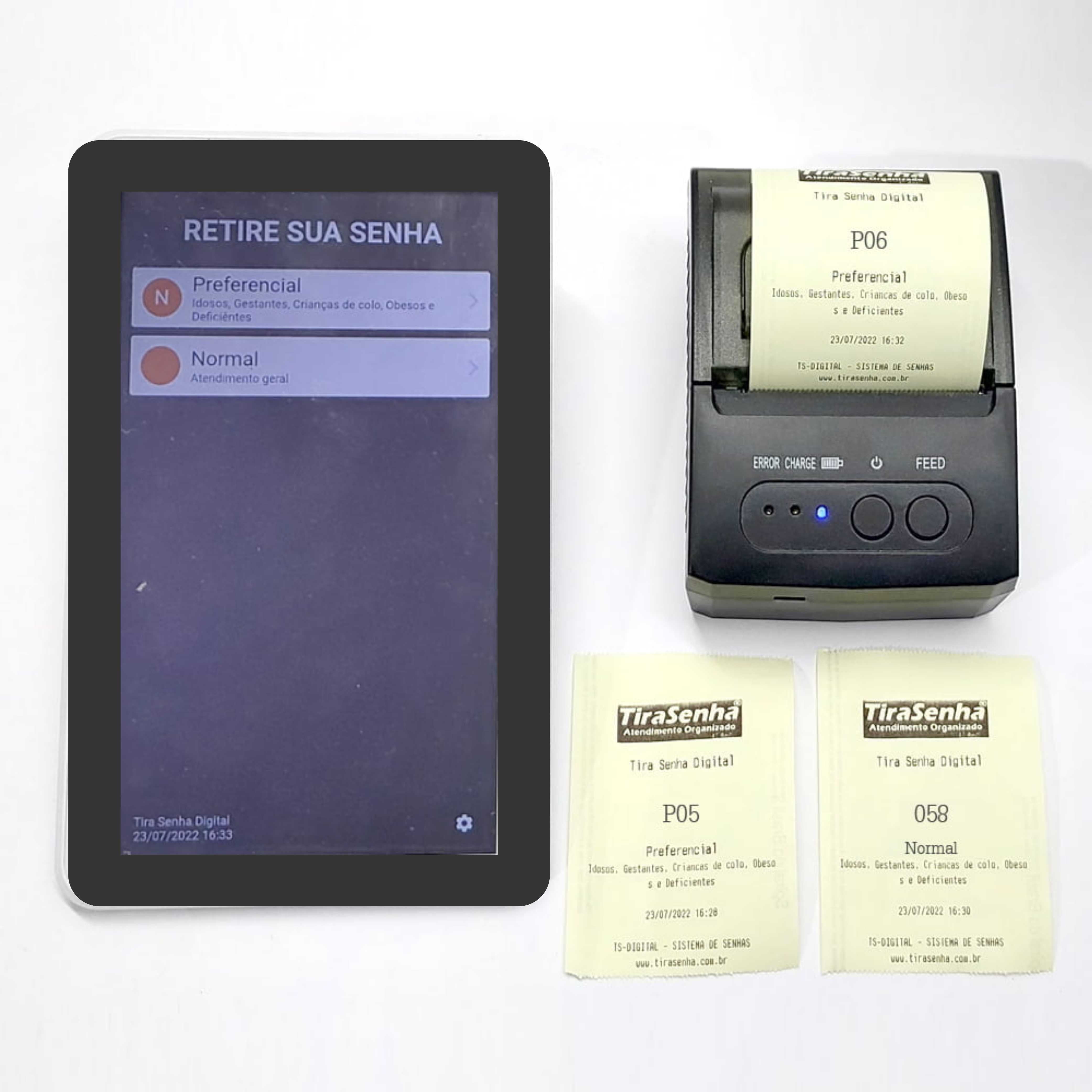 Tablet Emissor de Senhas c/ Impressora Térmica de Senhas para até 10 tipos de Atendimento + App TiraSenha Digital 2.0 Licença de uso vitalícia