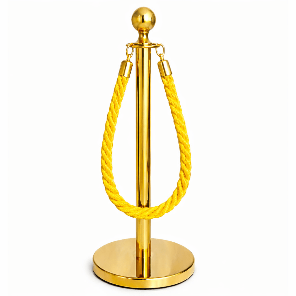 Pedestal de Fila com Corda Amarela 1,5m em Aço Inox Dourado Base Pesada Pronto para Uso