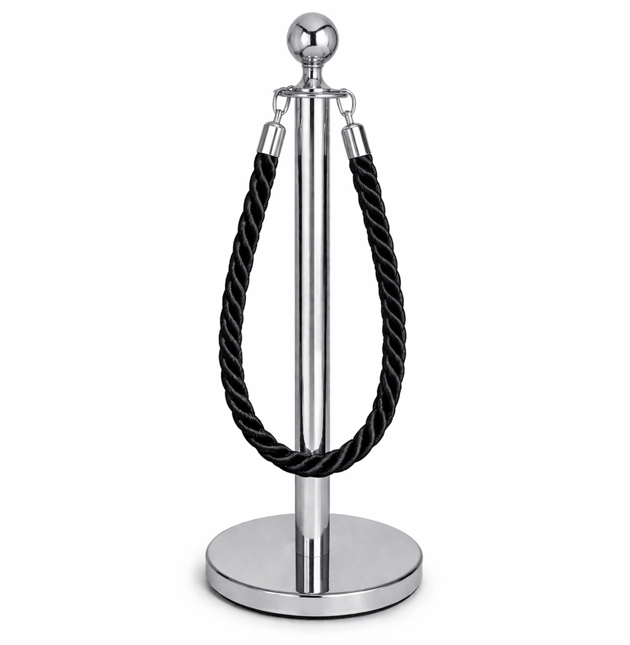 Pedestal de Fila com Corda Preta 1,5m em Aço Inox cromado prata Base Pesada Pronto para Uso