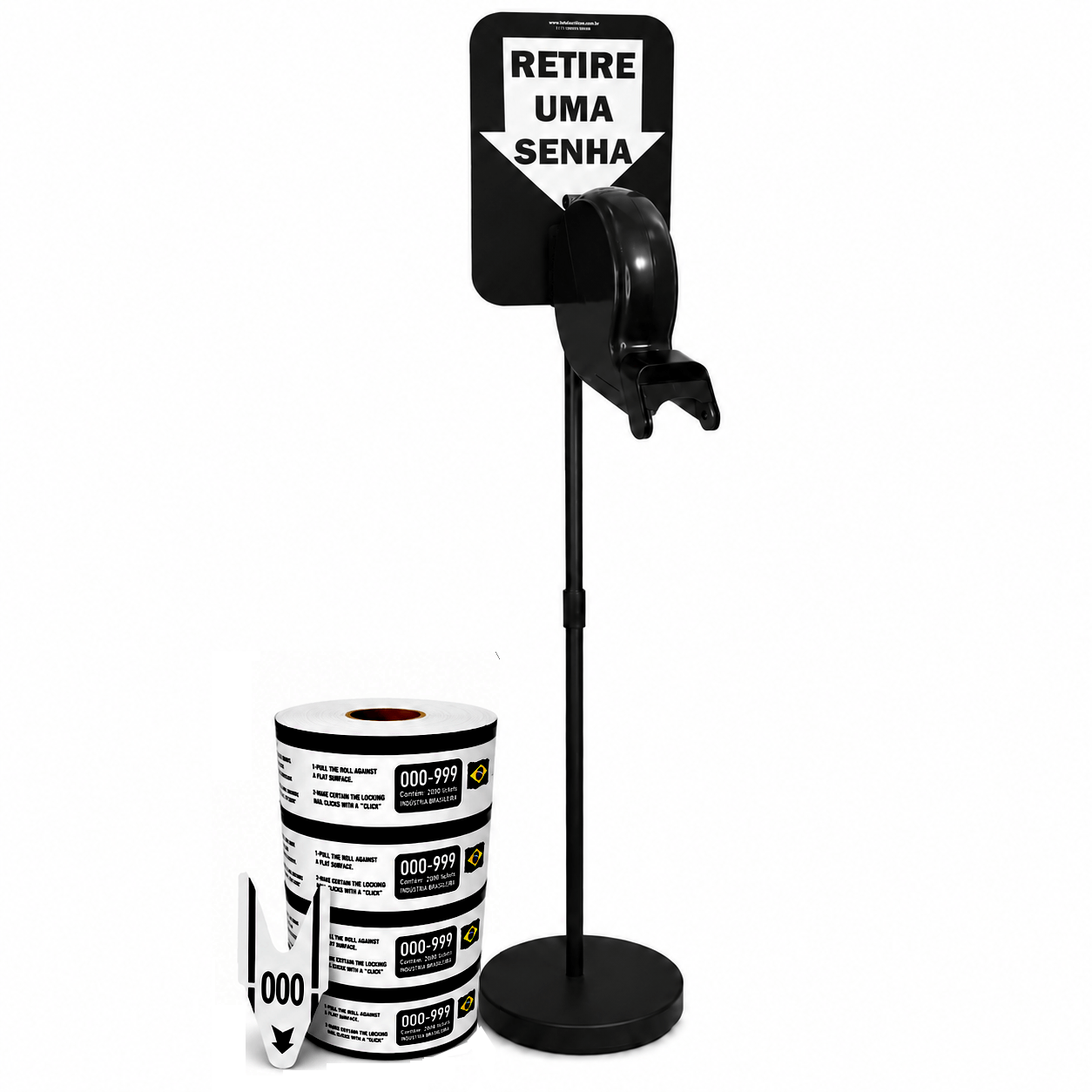 Dispensador de Senhas Completo com Suporte Pedestal de Chão e Placa "Retire sua Senha" Preto