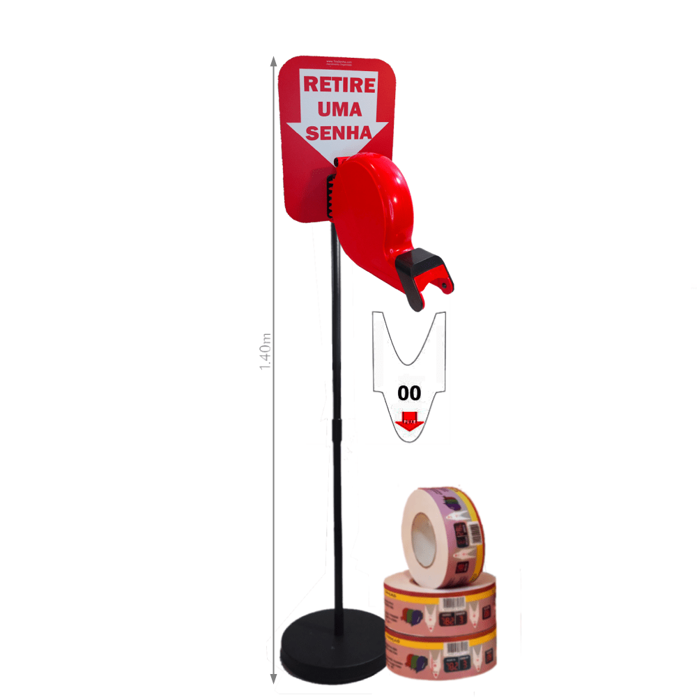 Dispensador de Senhas Completo com Suporte Pedestal de Chão e Placa "Retire sua Senha" Vermelho