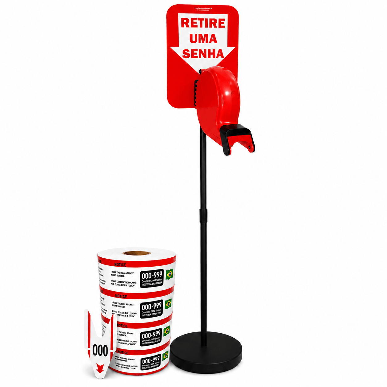 Dispensador de Senhas Completo com Suporte Pedestal de Chão e Placa "Retire sua Senha" Vermelho