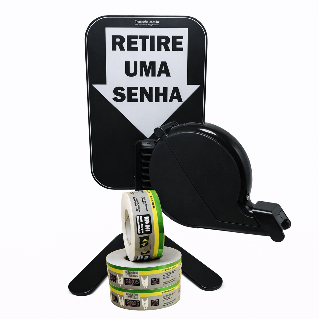 Dispensador de Senhas Completo com Suporte Pedestal de Balcão e Placa "Retire Sua Senha" Marrom
