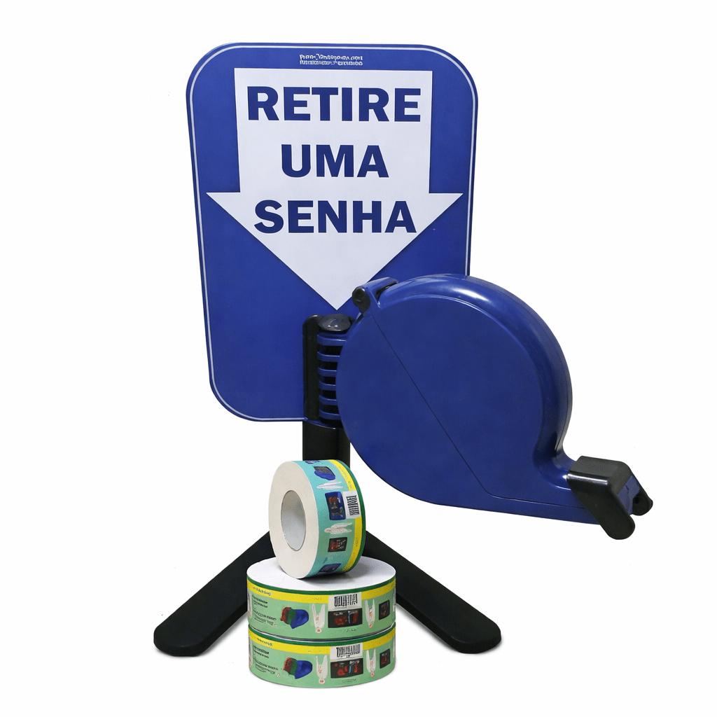 Dispensador de Senhas Completo com Suporte Pedestal de Balcão e Placa "Retire Sua Senha" Amarelo