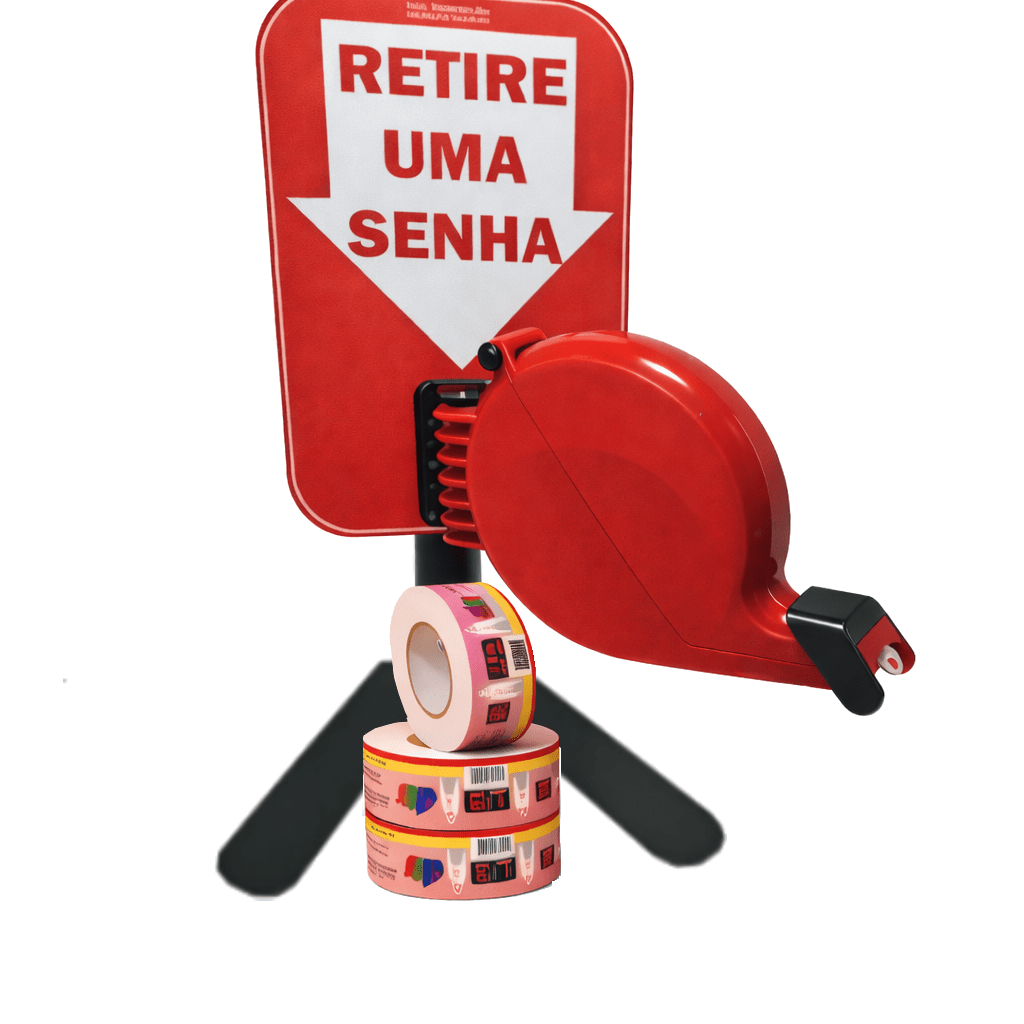 Dispensador de Senhas Completo com Suporte Pedestal de Balcão e Placa "Retire sua Senha" Verde