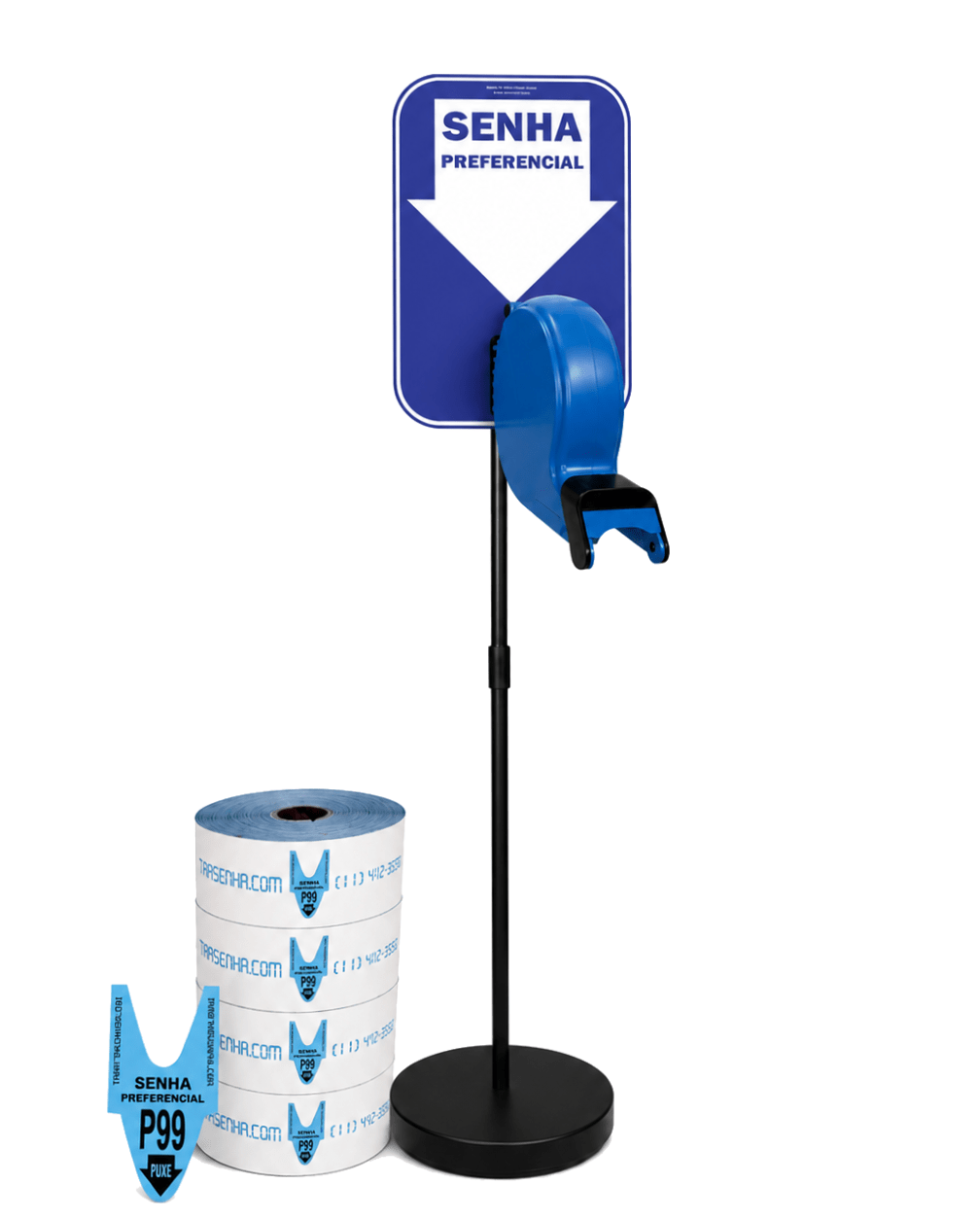Dispensador de Senhas Completo com Suporte Pedestal de Chão e Placa "Retire sua Senha" Azul Preferencial