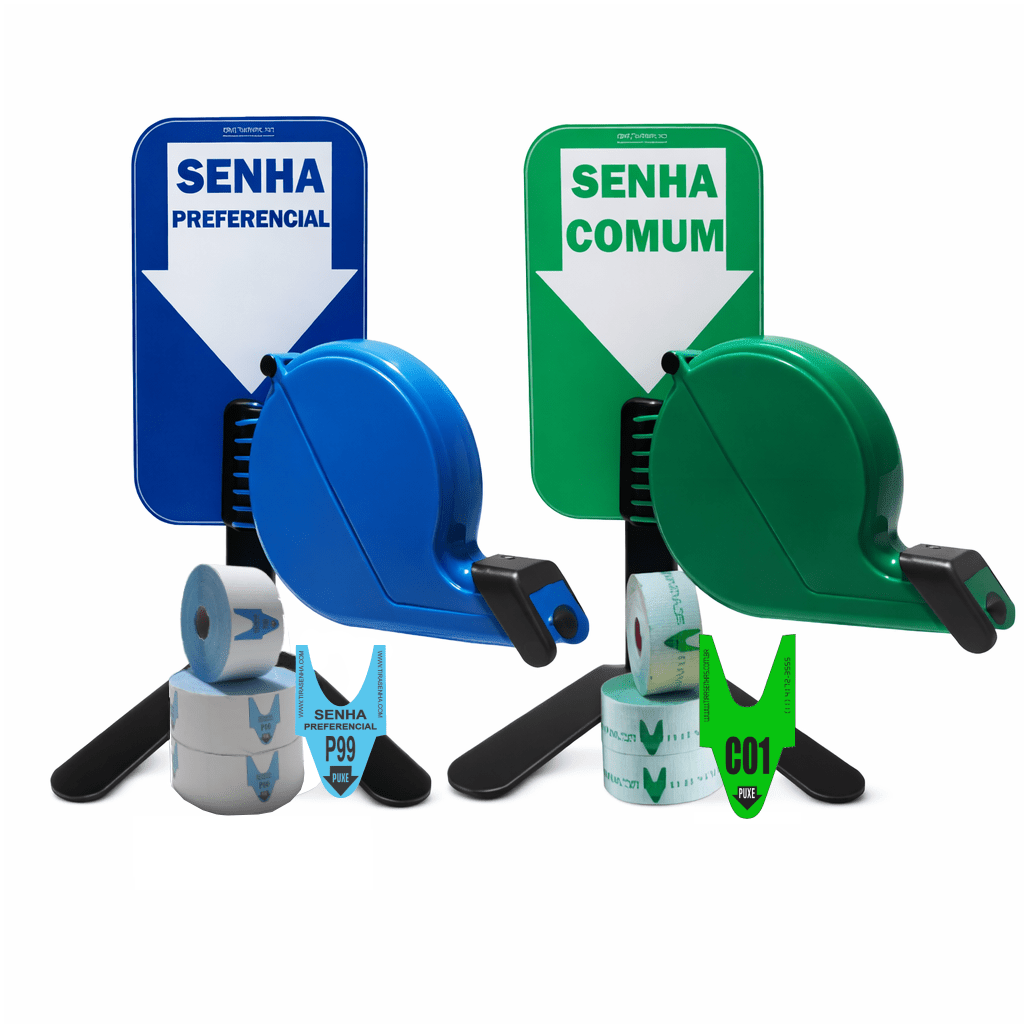 Kit Dispensadores de Senhas Completos c/ Suporte Pedestal de Balcão, Placas e SENHAS PREFERENCIAL E COMUM