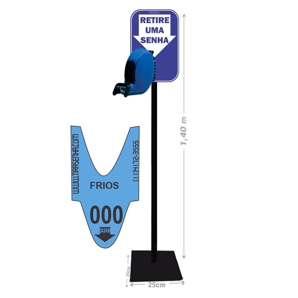 Kit TiraSenha Chão Azul Senha para Frios: Suporte Pedestal de Chão, Dispensador Manual de Senhas c/ Placa Retire Sua Senha