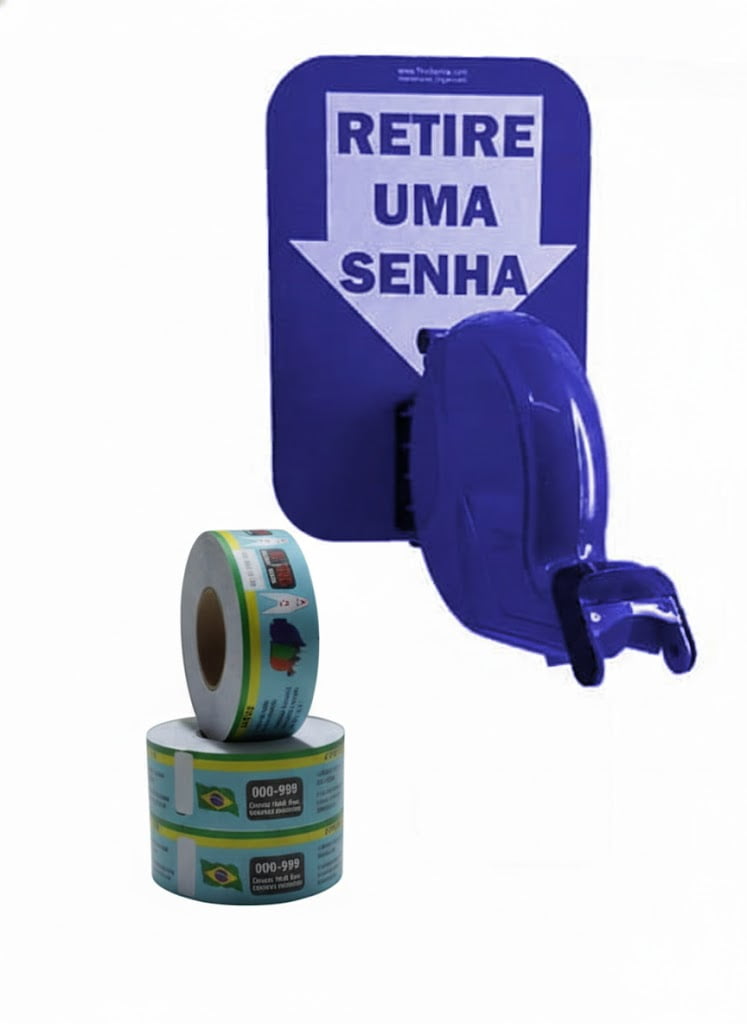 Dispensador de Senha Bico de Pato + Senhas Numeradas e Placa "Retire Sua Senha" Azul