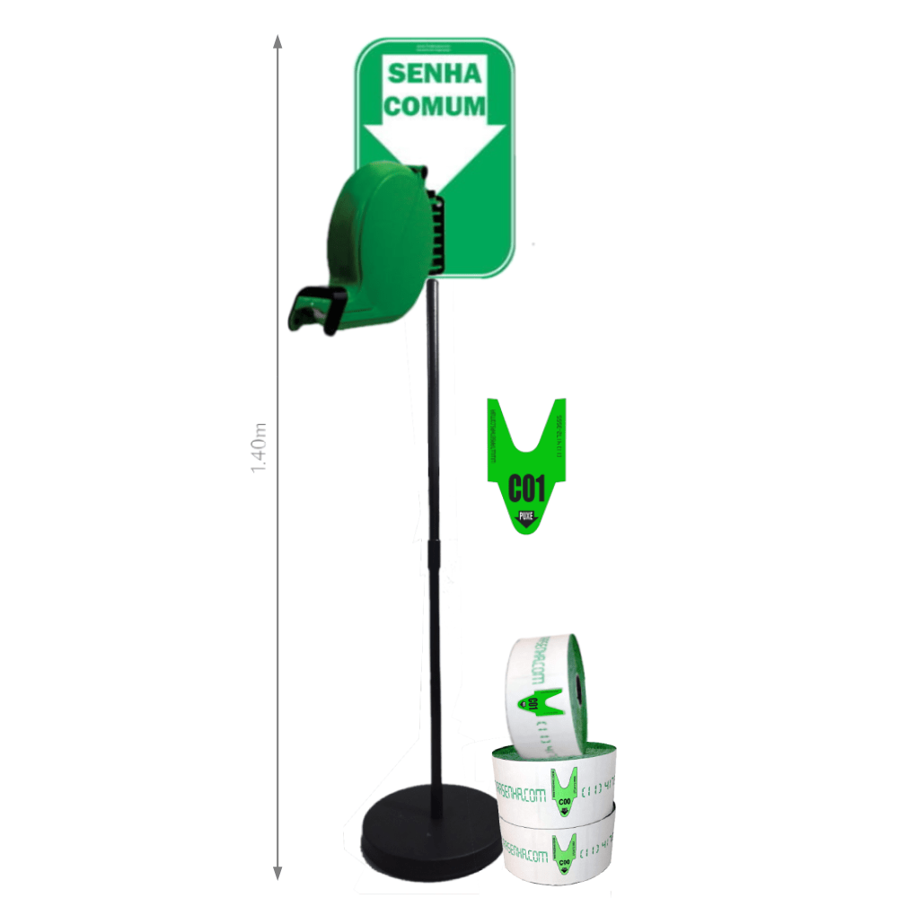 Dispensador de Senhas Completo com Suporte Pedestal de Chão e Placa "Retire sua Senha" Verde Comum