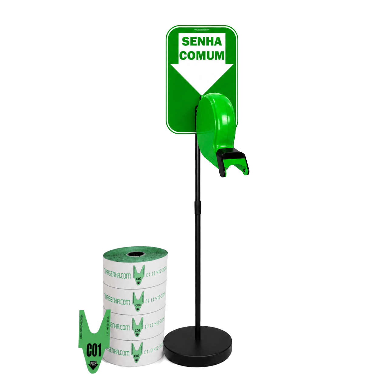 Dispensador de Senhas Completo com Suporte Pedestal de Chão e Placa "Retire sua Senha" Verde Comum