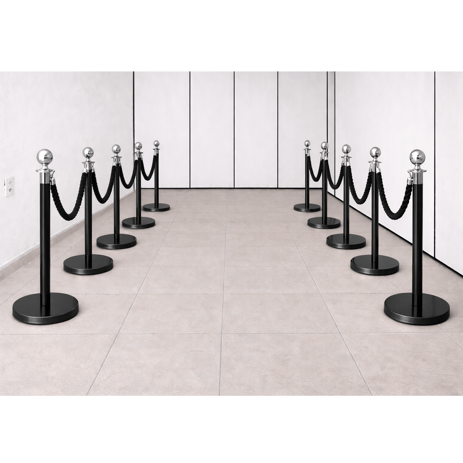 ALUGAR - KIT 10 unidades Pedestal Luxo Demarcador Preto / Silver c/ 08 Cordas Pretas (Diária R$180,00)