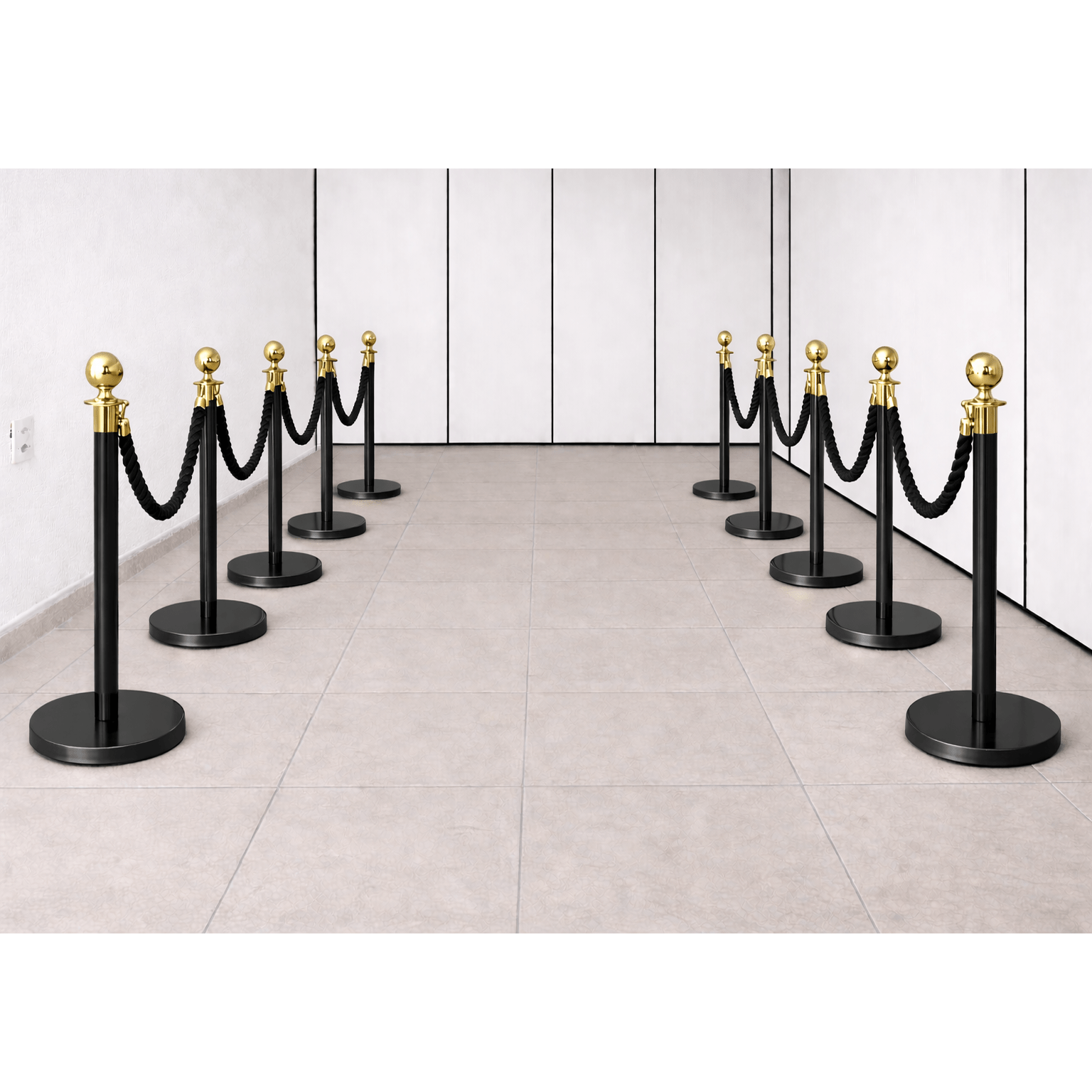 ALUGAR  - KIT 10 unidades Pedestal Luxo Demarcador Preto/Gold c/ Corda Preta (Diária R$360,00)