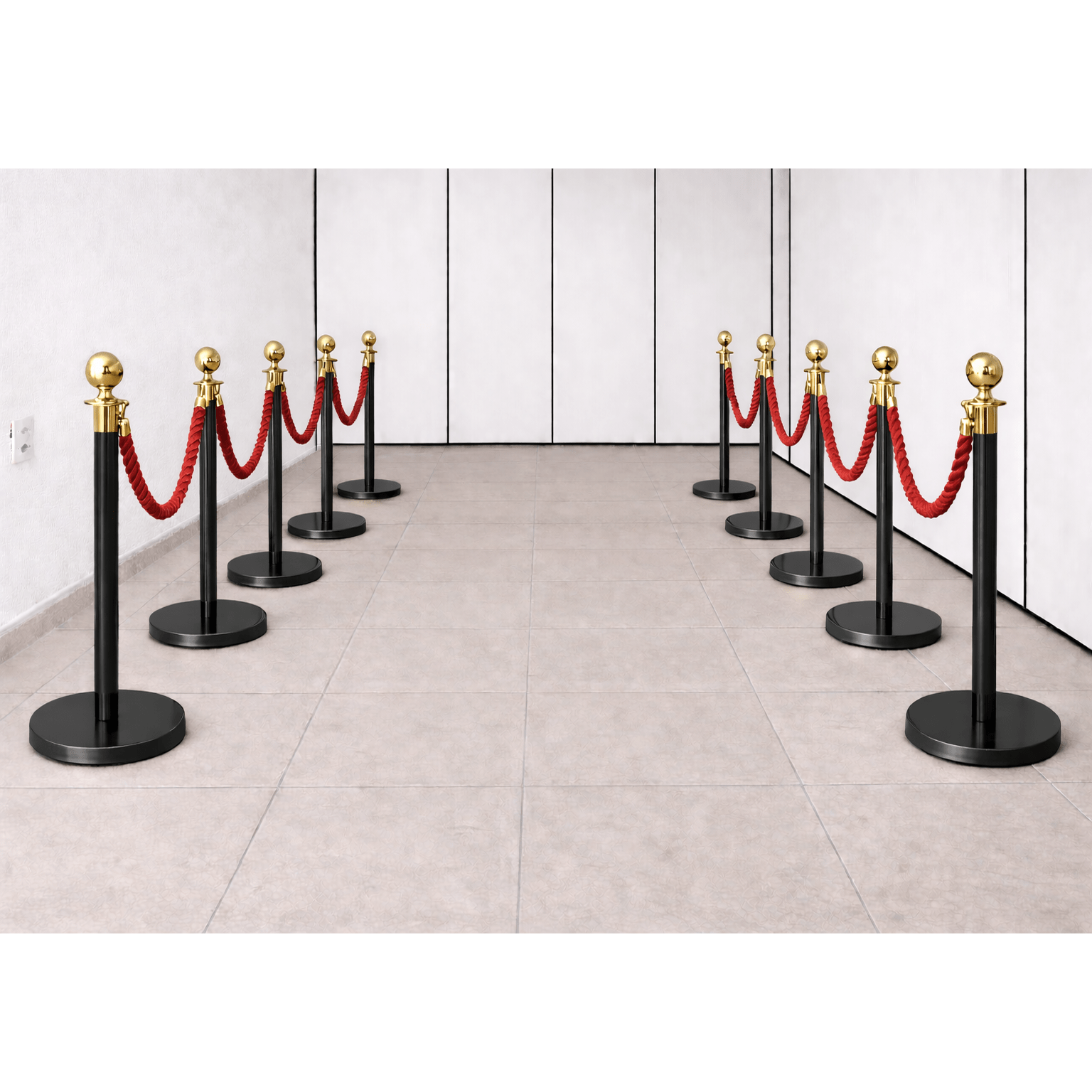 ALUGAR - KIT 10 unidades Pedestal Luxo Demarcador Preto/Gold c/ Corda Vermelha (Diária R$360,00)