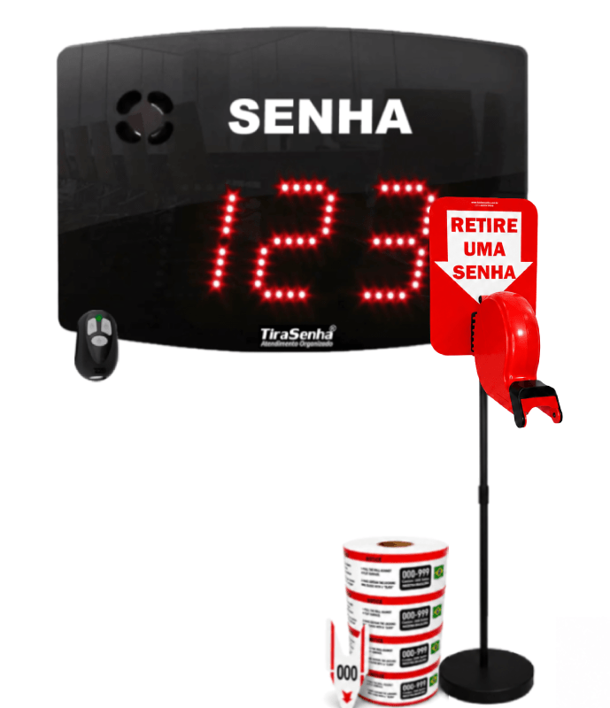 Painel Eletrônico De Atendimento Sequencial Senha 24X18 Cm Controle Sem Fio + Kit TiraSenha Pedestal de Chão