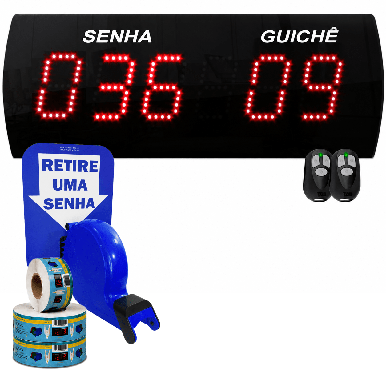 Painel Eletrônico De Atendimento Sequencial Senha Guichê 38x14 Cm Controle Sem Fio + Kit TiraSenha de Parede