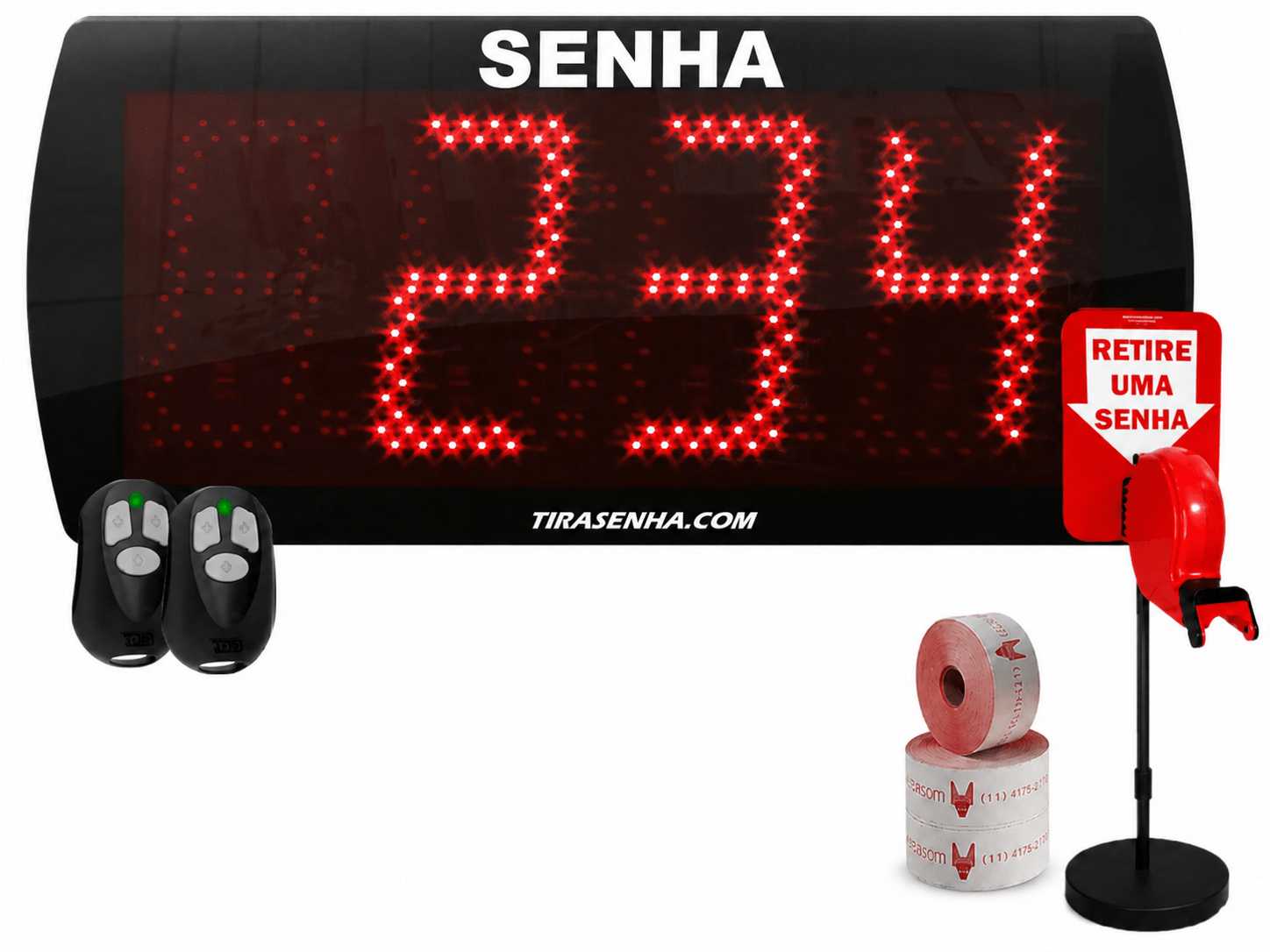 Painel Eletrônico de Atendimento Sequencial Senha 58x25 cm com Controle Sem Fio + Kit TiraSenha Pedestal de Chão para Supermercado/Açougue