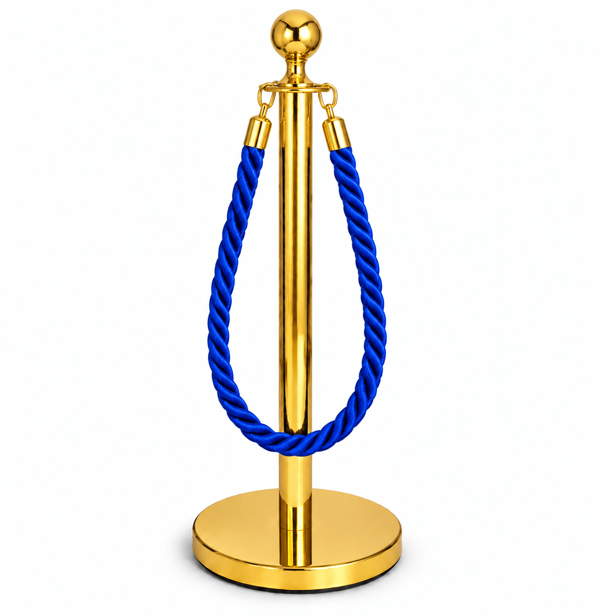 Pedestal de Fila com Corda azul 1,5m em Aço Inox Dourado Base Pesada Pronto para Uso