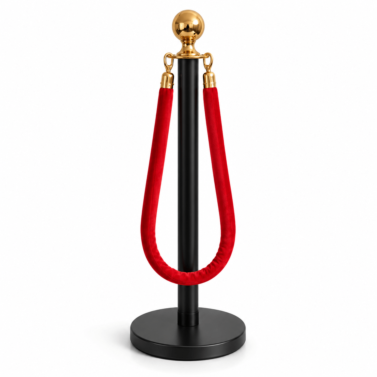 Pedestal de Fila Preto com Corda Vermelha 1,5m e Detalhes Dourados