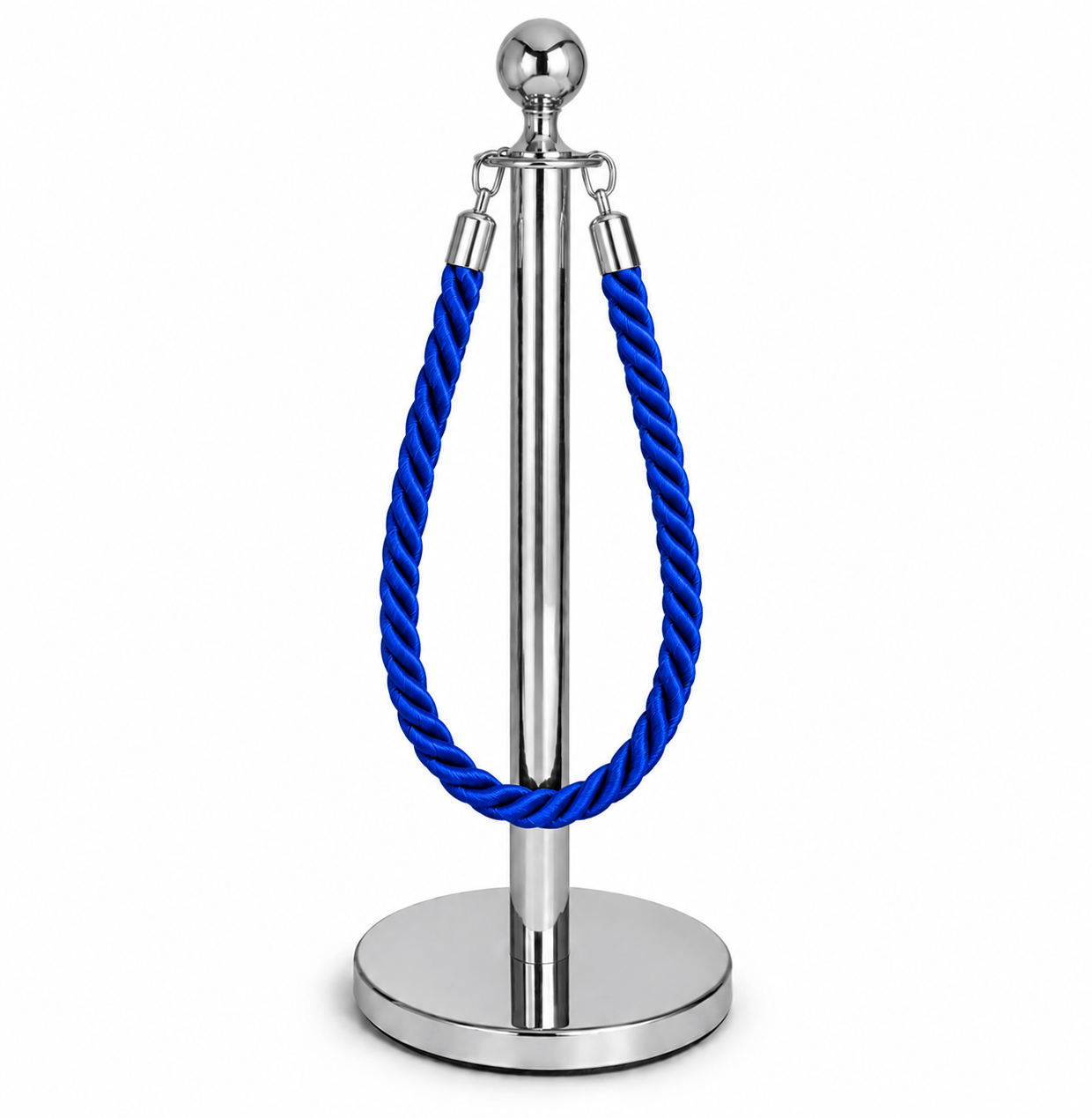 Pedestal de Fila com Corda azul 1,5m em Aço Inox cromado prata Base Pesada Pronto para Uso