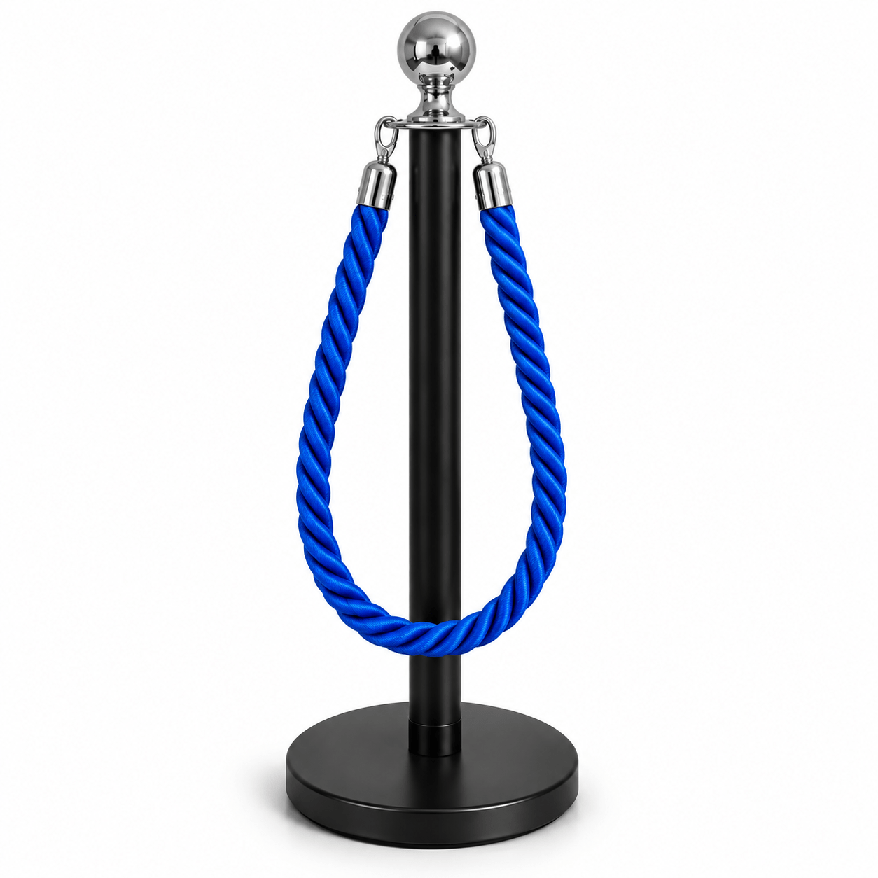 Pedestal de Fila Preto com Corda azul torcida 1,5m e Detalhes Dourados