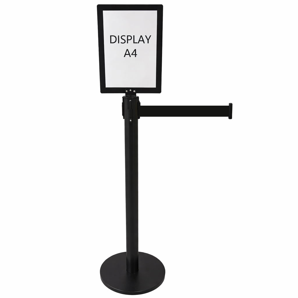 Kit Display A4 MDF Preto com Pedestal TS Fila Inox com pintura eletroestática preta e Fita Retrátil 3 Metros
