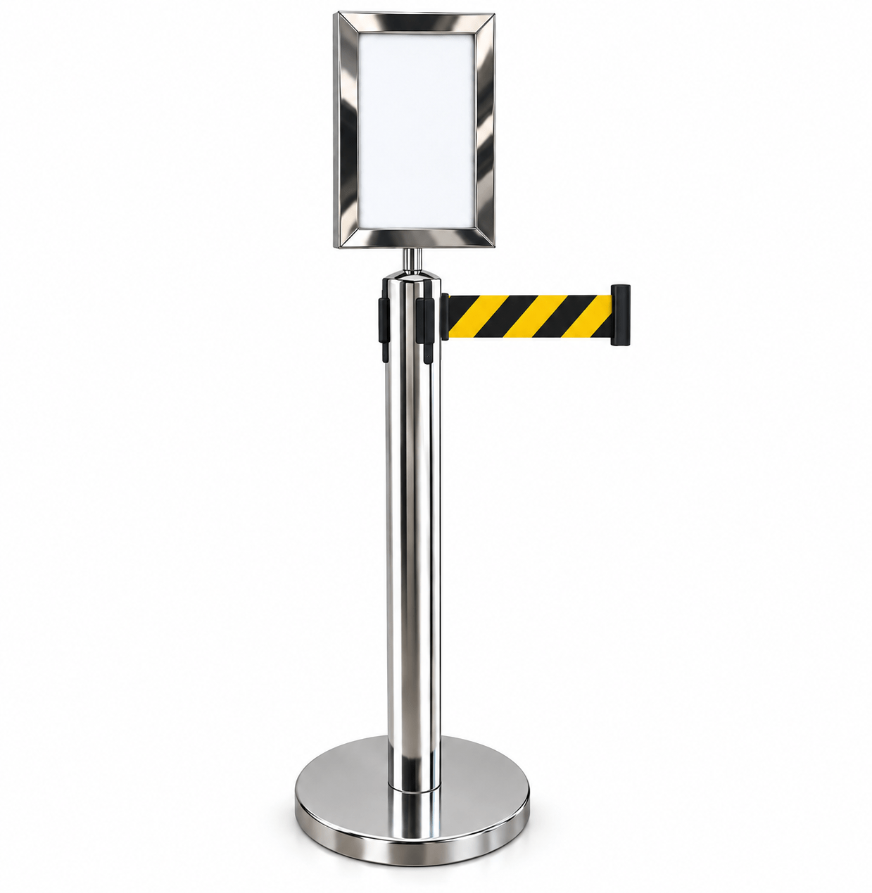 Kit Pedestal Organizador e Demarcador TS-Fila Inox com Display A4 Vertical e Fita Zebrada 3 Metros