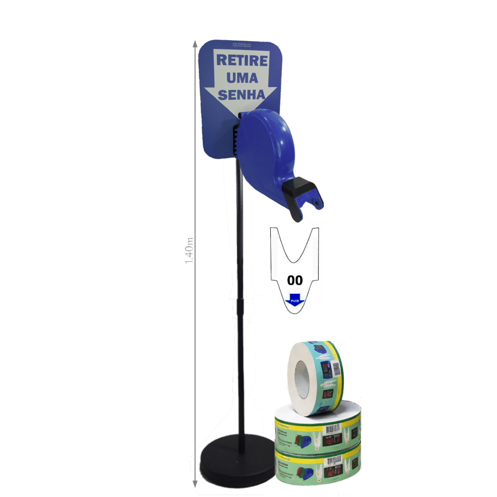 Dispensador de Senhas Completo com Suporte Pedestal de Chão e Placa "Retire sua Senha" Azul