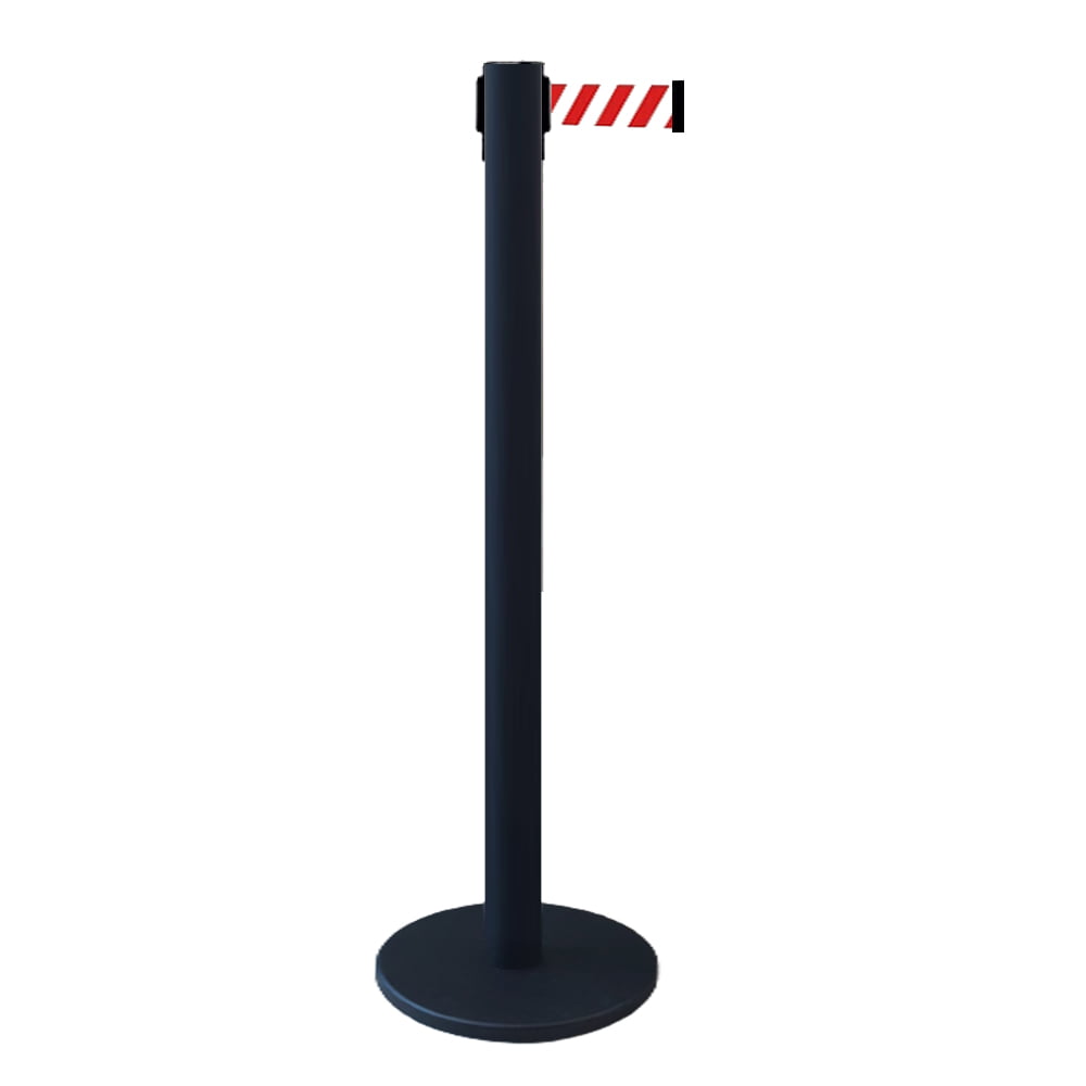 Pedestal Fita Retrátil 3 Metros Zebrada Vermelha e Branca TS Fila em Aço Inox com Pintura Eletrostática Preta