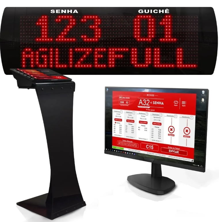 Sistema de Senhas Completo com Totem, Impressora Térmica com Corte Automático, Painel com Senha e Guichê e Software GPSenha para até 6 Atendimentos