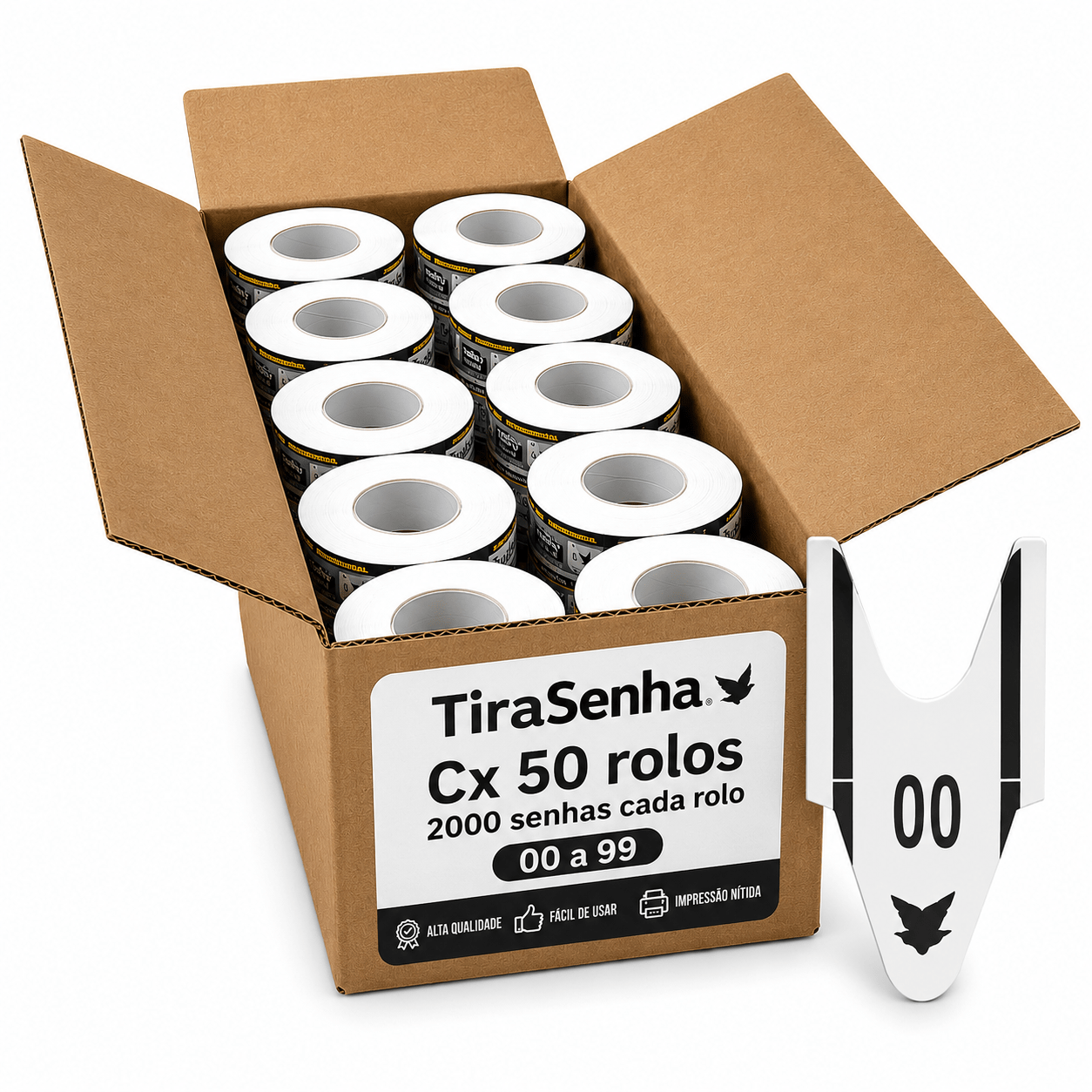 Senha Numerada 2 Dígitos 20 Séries de 00 a 99 Caixa c/ 50 rolos c/ 2000 Senhas Cor PRETA