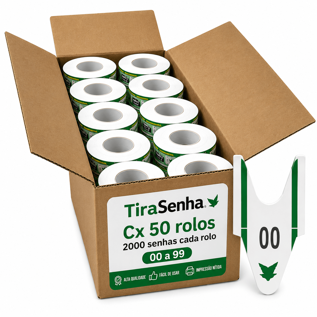 Senha Numerada 2 Dígitos 20 Séries de 00 a 99 Caixa c/ 50 rolos c/ 2000 Senhas Cor Verde