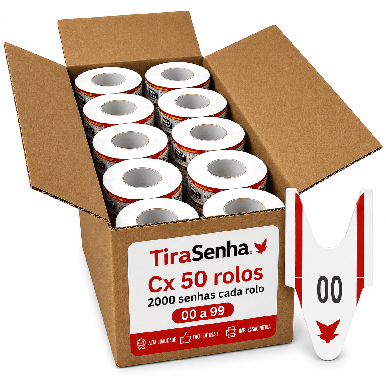 Senha Numerada 2 Dígitos 20 Séries de 00 a 99 Caixa c/ 50 rolos c/ 2000 Senhas Cor Vermelha