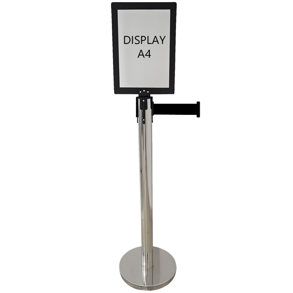 KIT Display A4 AÇO / MDF PRETO + Pedestal Organizador TS-Fila Inox com Fita Retrátil de 3 Metros