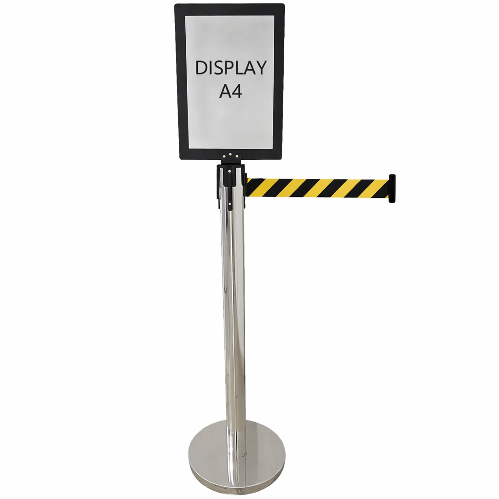 Kit Display A4 MDF Preto com Pedestal TS Fila Inox e Fita Retrátil Zebrada 3 Metros
