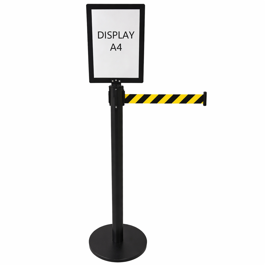 Kit Display A4 MDF Preto com Pedestal TS Fila Preto e Fita Retrátil Zebrada 3 Metros