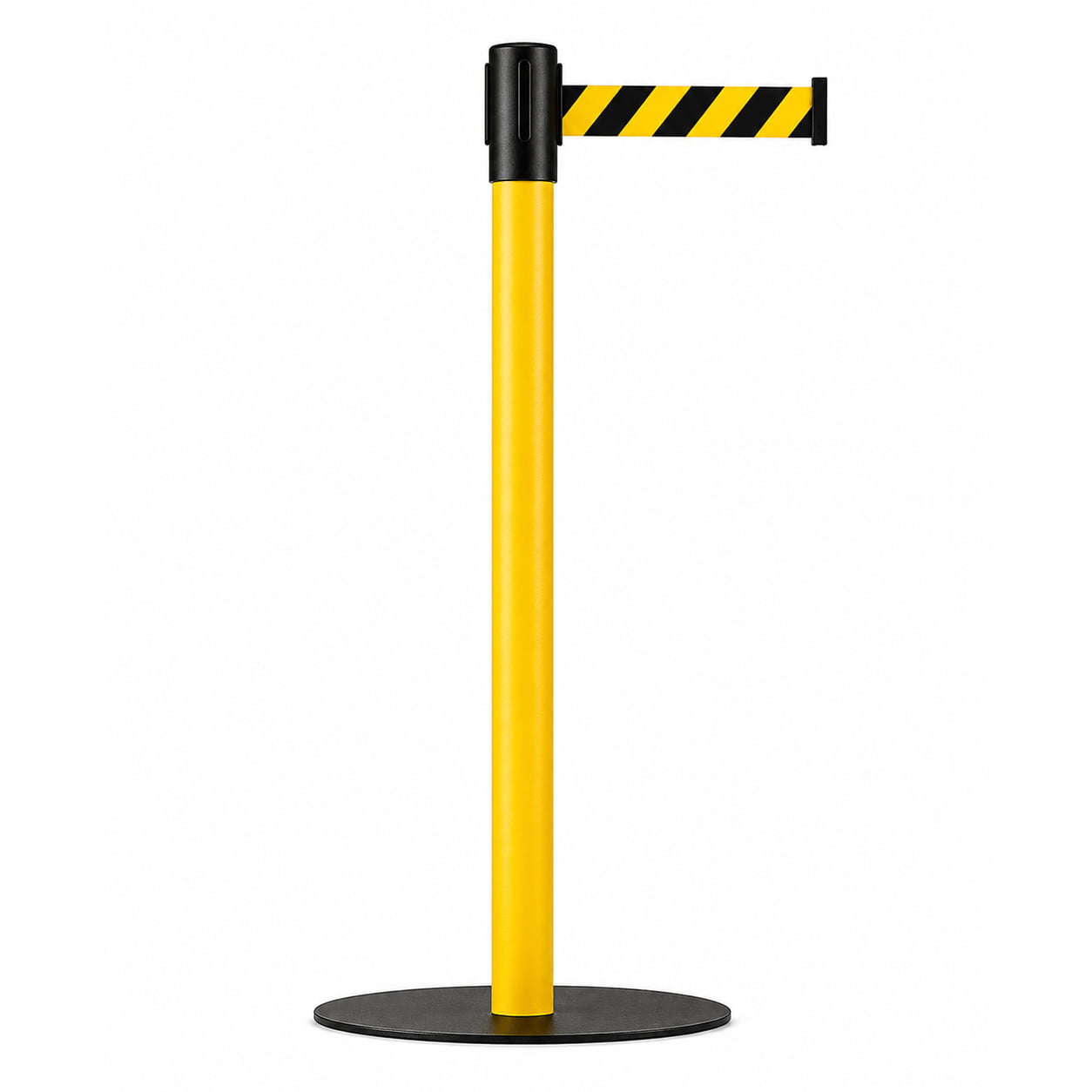 Pedestal Demarcador TS Fila Industrial – Aço Carbono Amarelo com Fita Retrátil Zebrada Preta e Amarela (4,5 metros)