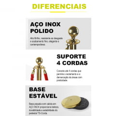 Pedestal de Fila com Corda Preta 1,5m em Aço Inox cromado prata Base Pesada Pronto para Uso