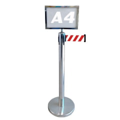 KIT DISPLAY A4 + PEDESTAL DEMARCADOR TS FILA – AÇO INOX CROMADO COM FITA RETRÁTIL ZEBRADA 3 METROS