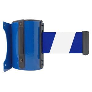 Barreira de Parede Aço Blue c/ Fita Retrátil 3 metros, Zebrada Azul / Branco + Terminal de Parede