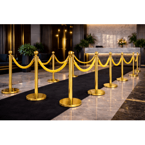 Pedestal Aço Inox Cromado Dourado com Corda Torcida Amarela 1,5m e Base Pesada Pronto Uso