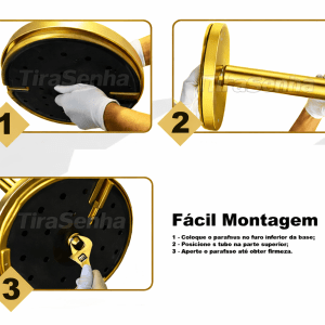 Pedestal de Fila com Corda Amarela 1,5m em Aço Inox Dourado Base Pesada Pronto para Uso