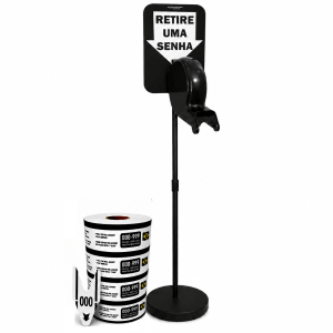 Kit TiraSenha Chão Preto: Suporte Pedestal de Chão, Dispensador Manual de Senhas, Placa Retire Sua Senha e Senhas Numeradas