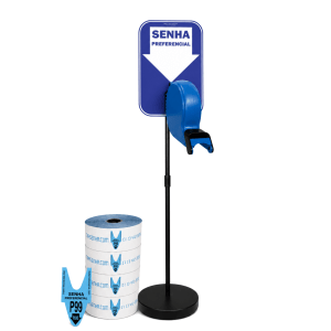 Dispensador de Senhas Completo com Suporte Pedestal de Chão e Placa "Retire sua Senha" Azul Preferencial