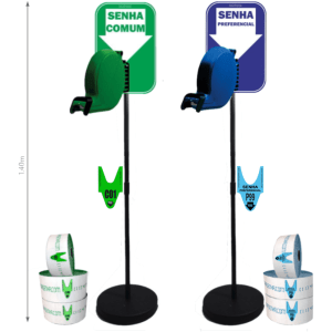 Kit Dispensadores de Senhas Completo com Suporte Pedestal de Chão e Placas "Senha Preferencial" e "Senha Comum"