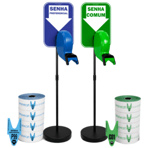Kit Dispensadores de Senhas Completo com Suporte Pedestal de Chão e Placas "Senha Preferencial" e "Senha Comum"