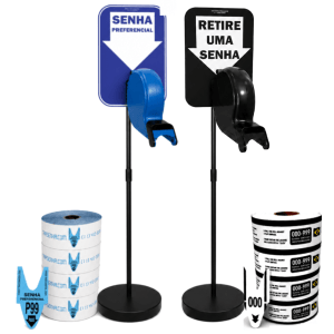 Kit TiraSenha Chão : 2 Suportes Pedestais de Chão, Dispensadores Manuais de Senhas, Placa Retire sua senha, Placa preferencial e Senhas 