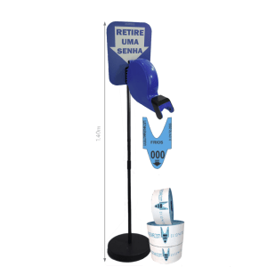 Kit TiraSenha Chão Azul Senha para Frios: Suporte Pedestal de Chão, Dispensador Manual de Senhas c/ Placa Retire Sua Senha