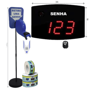 Painel Eletrônico De Atendimento Sequencial Senha 24X18 Cm Controle Sem Fio + Kit TiraSenha Pedestal de Chão