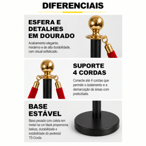 Pedestal de Fila Preto com Corda Vermelha 1,5m e Detalhes Dourados